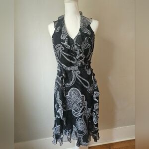 White House Black Market Black & White Paisley Ruffle Halter Midi Dress